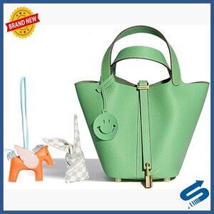 Genuine Leather Tote Handbag, Basket Design, Top Handle, Lightweight Daily Purse